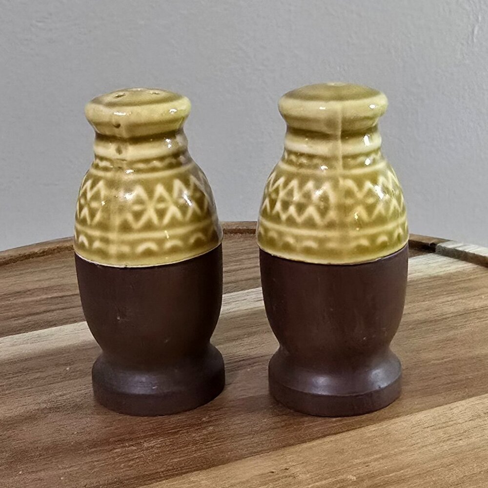 MCM Vintage Wood Base Ceramic Top Salt and Pepper Shaker